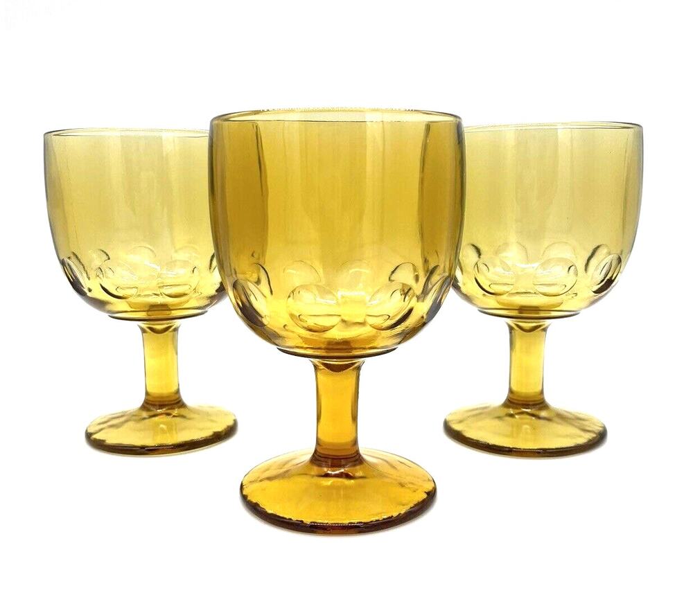 Vintage MCM Bartlett Collins Amber Glass Set of 3 Thumbprint Water Goblet 6”